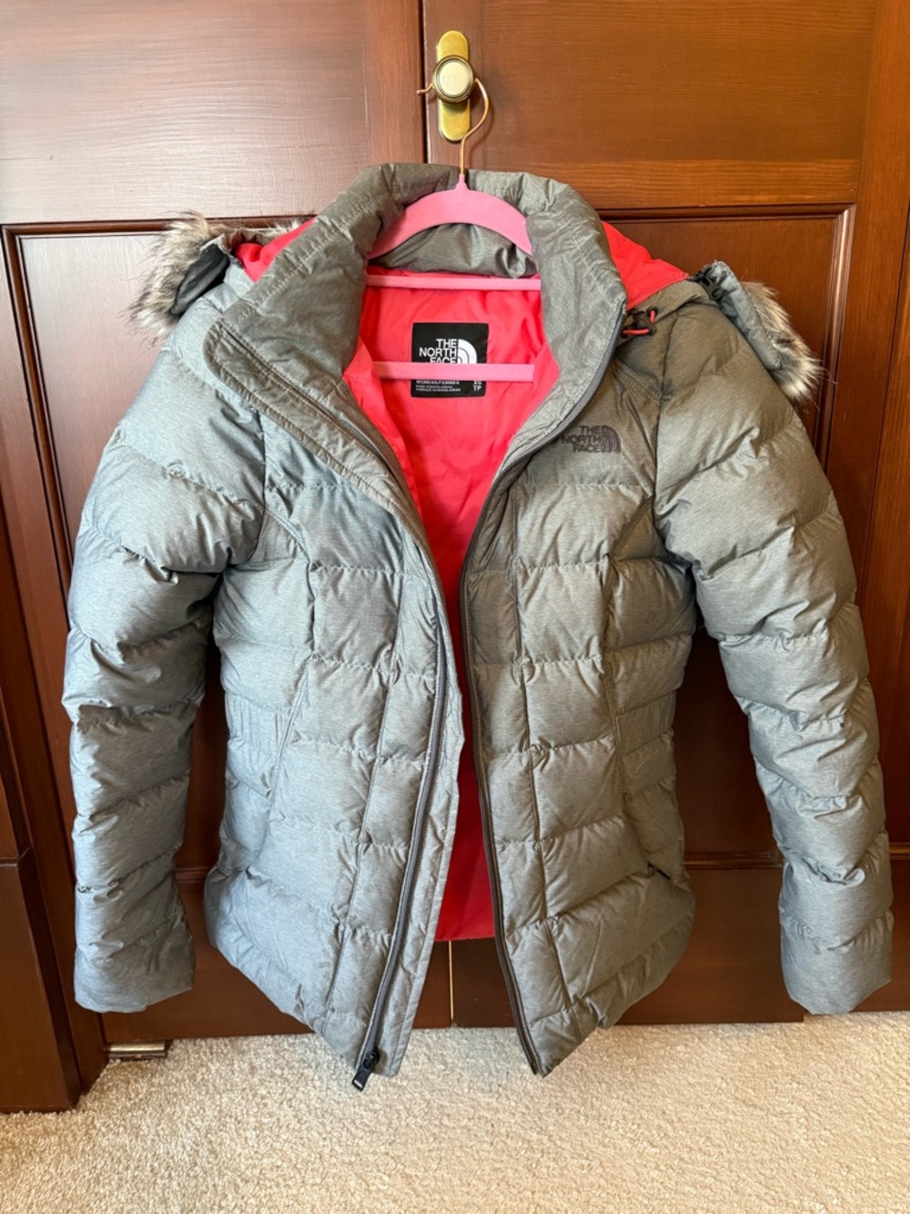 The North Face Women's Gray Puffer Jacket with Pink Lining